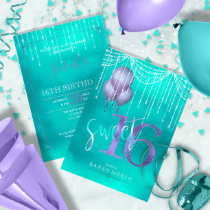 Invitation String Lights & Balloons Sweet 16 TealPurple ID473