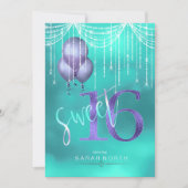 Invitation String Lights & Balloons Sweet 16 TealPurple ID473 (Devant)