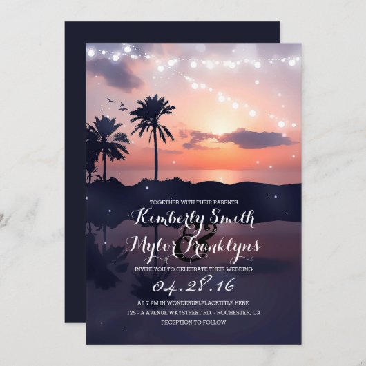 Invitation String Lights Beach Palms Sunset Mariage (Devant / Derrière)