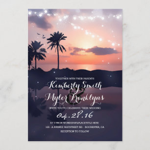 Invitation String Lights Beach Palms Sunset Mariage