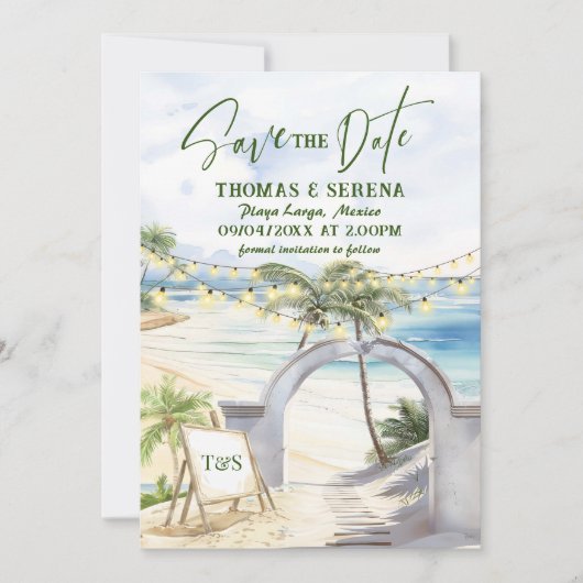 Invitation String Lights Beach QR Code Enregistrer La Date Tr (Devant)