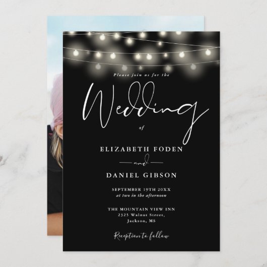 Invitation String Lights Black And White Photo Wedding (Devant / Derrière)