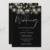 Invitation String Lights Black And White QR Code Wedding (Devant / Derrière)