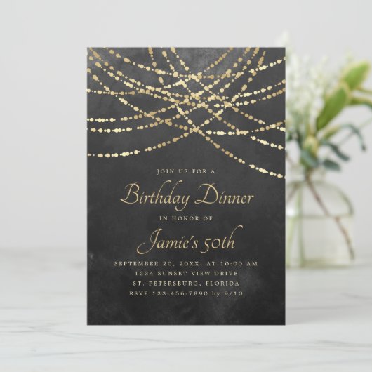 Invitation String Lights Black Gold Dîner d'anniversaire (Debout devant)