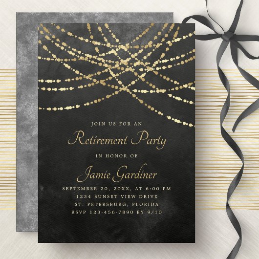 Invitation String Lights Black Gold Retraite Party