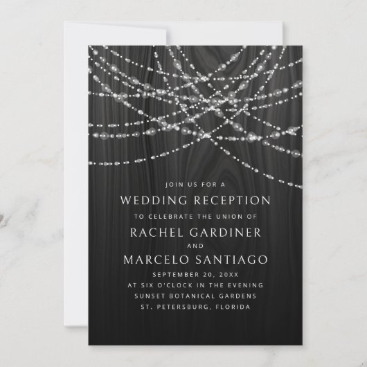 Invitation String Lights Black Rustic Wedding Réception (Devant)