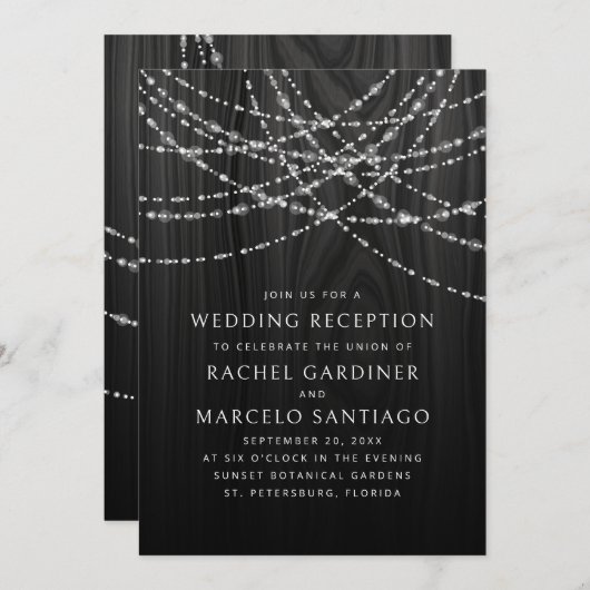 Invitation String Lights Black Rustic Wedding Réception (Devant / Derrière)