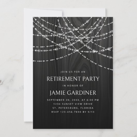 Invitation String Lights Black Wood Rustic Retraite Party (Devant)