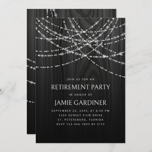 Invitation String Lights Black Wood Rustic Retraite Party (Devant / Derrière)