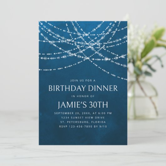Invitation String Lights Blue Anniversaire Dîner (Debout devant)