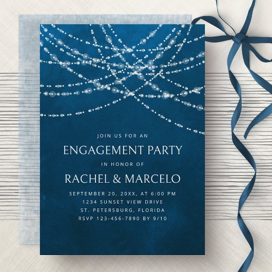 Invitation String Lights Blue Engagement Party