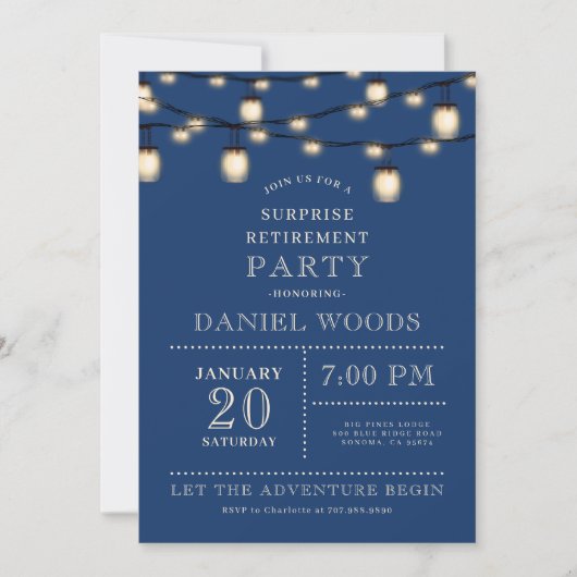 Invitation String Lights Blue Surprise RetiParty (Devant)