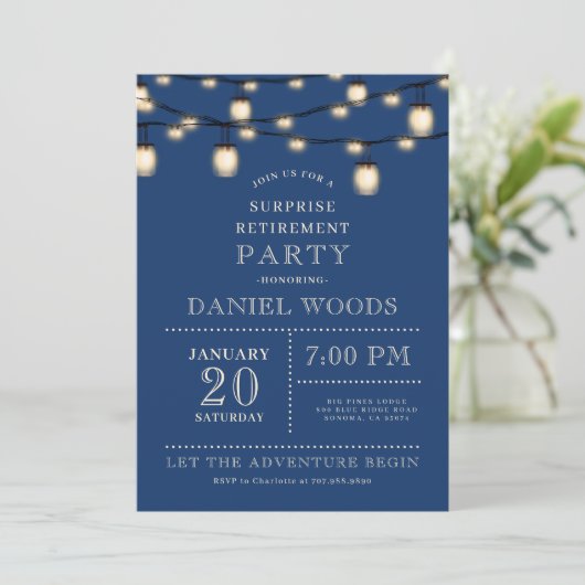 Invitation String Lights Blue Surprise RetiParty (Debout devant)