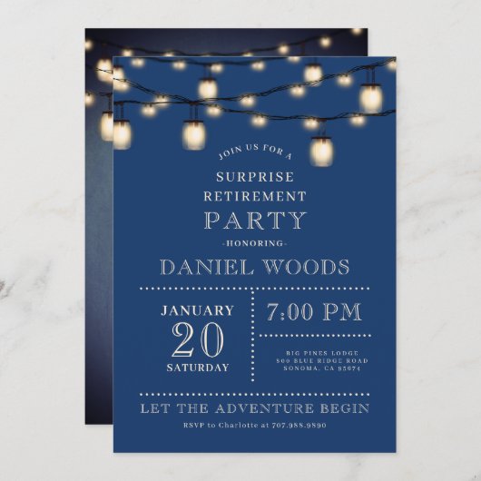 Invitation String Lights Blue Surprise RetiParty (Devant / Derrière)
