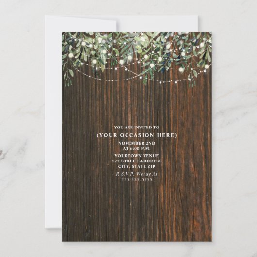 Invitation String Lights Botanical Rustic Wood Générique Part (Devant)