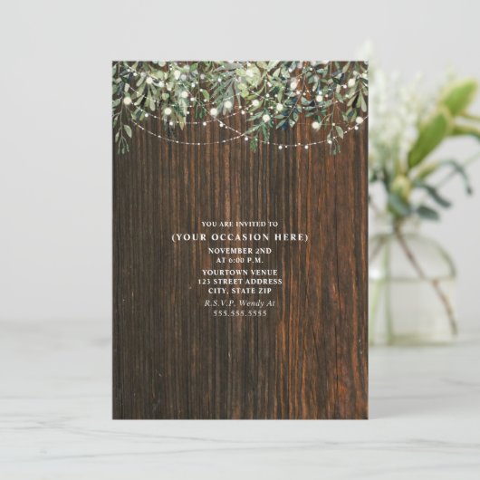 Invitation String Lights Botanical Rustic Wood Générique Part (Debout devant)