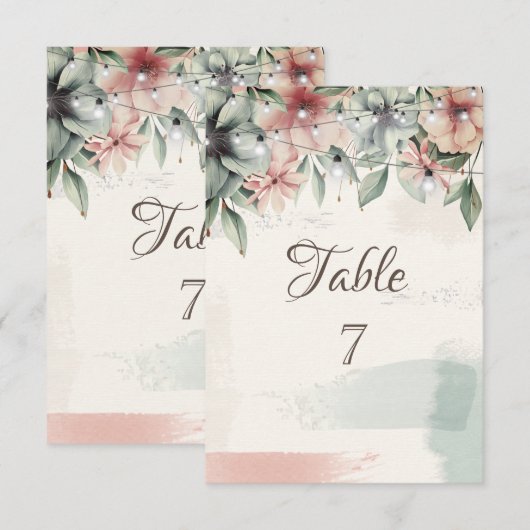 Invitation String Lights,Brush Stroke,Floral Table  Card (Devant / Derrière)