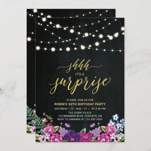 Invitation String Lights & Chalkboard Surprise fête d'anniver (Devant / Derrière)