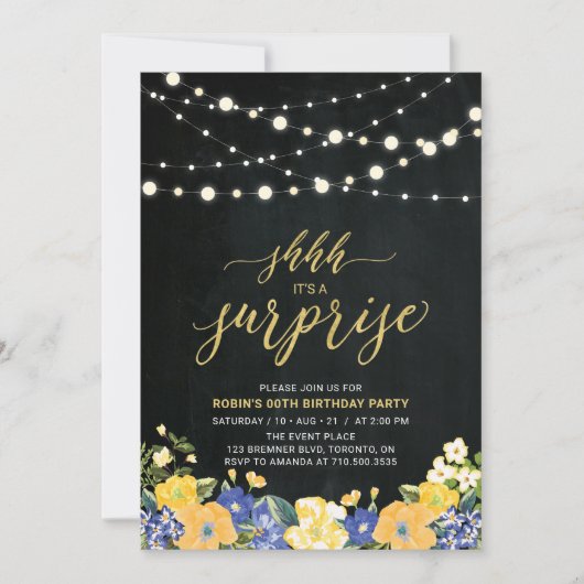 Invitation String Lights & Chalkboard Surprise fête d'anniver (Devant)