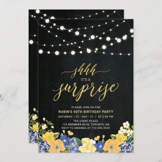 Invitation String Lights & Chalkboard Surprise fête d'anniver (Devant / Derrière)