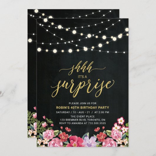 Invitation String Lights & Chalkboard Surprise fête d'anniver (Devant / Derrière)