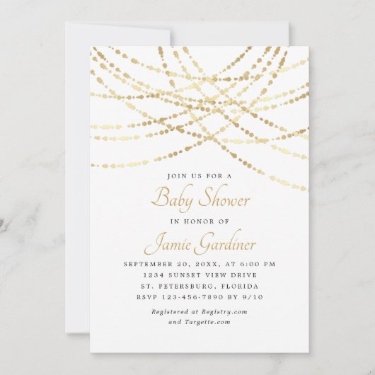 Invitation String Lights Gold Elegant Baby shower (Devant)