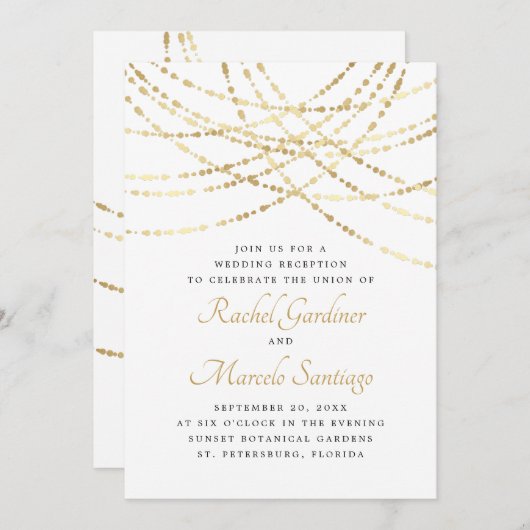 Invitation String Lights Gold Elegant Mariage Réception (Devant / Derrière)