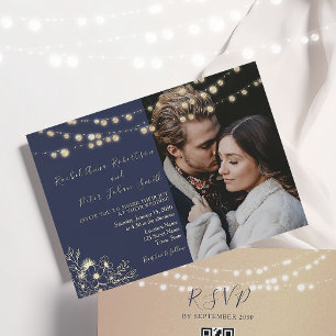 Invitation String Lights Gold et Mariage bleu marine