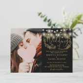 Invitation String Lights Gold Foliage Photo Détails du Mariag (Debout devant)