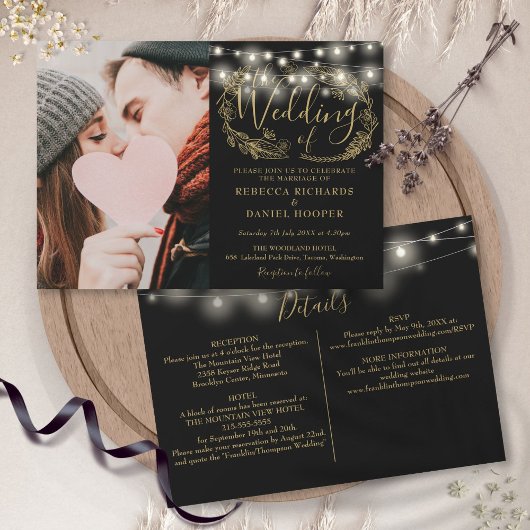 Invitation String Lights Gold Foliage Photo Détails du Mariag