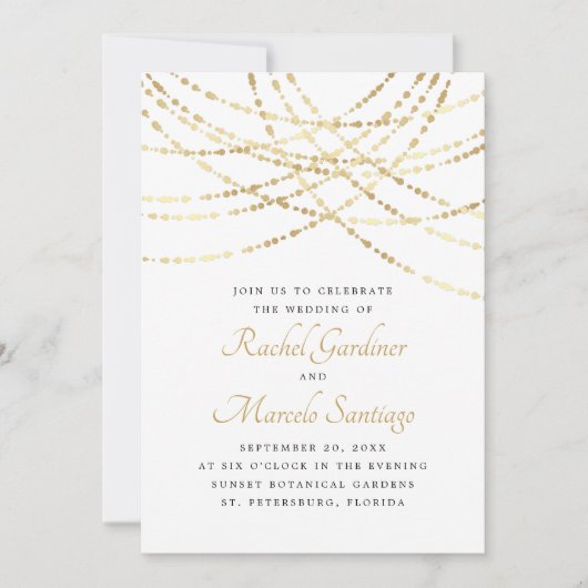 Invitation String Lights Gold Mariage élégant (Devant)