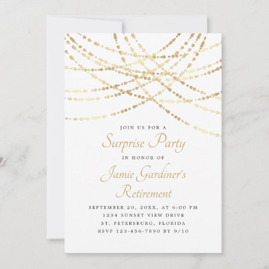 Invitation String Lights Gold Surprise Retraite Party (Devant)