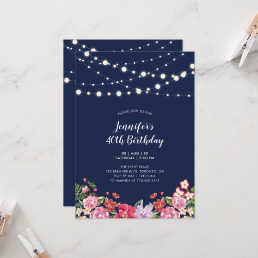 Invitation String Lights & Navy Floral Adulte fête d'annivers (Devant/Arrière en situation)