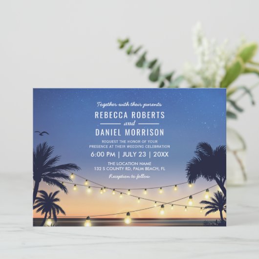 Invitation String Lights Palm Beach Destination Mariage (Debout devant)