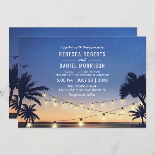 Invitation String Lights Palm Beach Destination Mariage (Devant / Derrière)