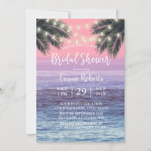 Invitation String Lights & Palm Tree Beach Fête des mariées (Devant)
