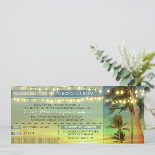 Invitation String Lights Palms Mariage Boarding Pass Billets (Debout devant)