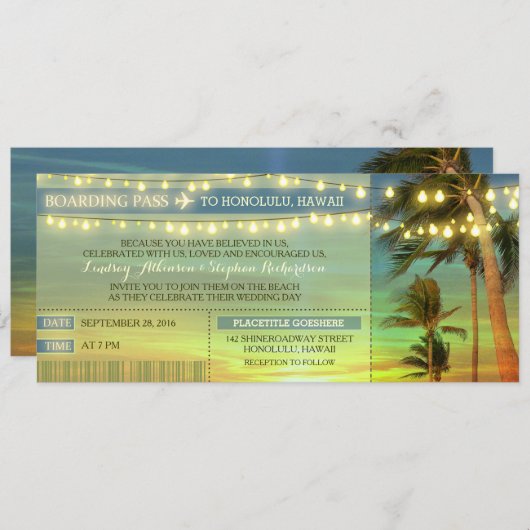 Invitation String Lights Palms Mariage Boarding Pass Billets (Devant / Derrière)