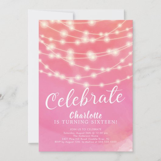 Invitation String Lights Pink Sweet 16e anniversaire Invitati (Devant)