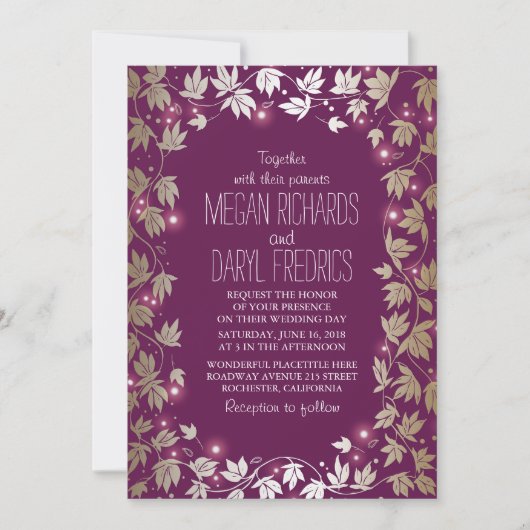 Invitation String Lights Plum et Gold Garden Mariage (Devant)