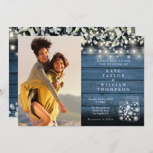 Invitation String Lights Rustic Jars Greenery Photo Mariage (Devant / Derrière)