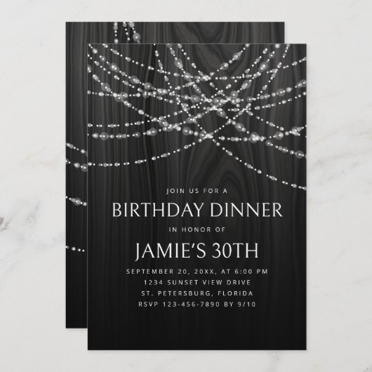 Invitation String Lights Rustic Wood Diner d'anniversaire (Devant / Derrière)