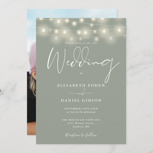 Invitation String Lights Sage Green Photo Wedding (Devant / Derrière)