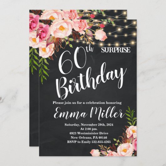 Invitation String Lights Surprise 60e Anniversaire Chalkboard (Devant / Derrière)