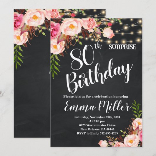 Invitation String Lights Surprise 80e Anniversaire Chalkboard (Devant / Derrière)