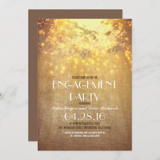 Invitation String Lights Tree Branch Rustic Engagement Party (Devant / Derrière)