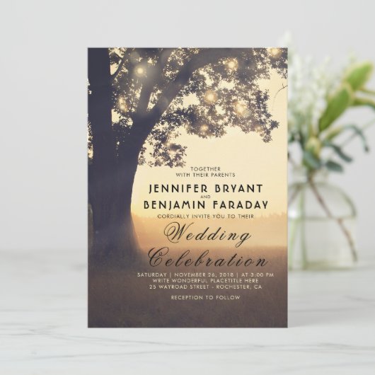 Invitation String Lights Tree Soirée Sunset Rustic Mariage (Debout devant)