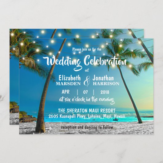 Invitation String Lights Tropical Beach Mariage moderne (Devant / Derrière)