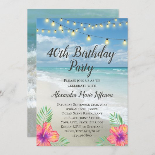 Invitation String Lights Tropical Luau Beach 40e anniversaire (Devant / Derrière)