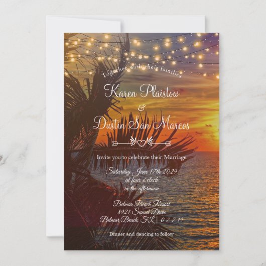 Invitation String Lights Tropical Palm Trees Beach Mariage (Devant)